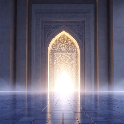 The primary subject of the image is a large, ornate archway with a light shining through it. The archway is adorned with intricate patterns and decorations, creating a visually striking scene. The setting is a room with a blue floor, which complements the overall atmosphere of the image. The visual style of the image is a combination of photo and digital art, creating a unique and captivating scene. The colors and mood of the image are predominantly blue, with the light shining through the arch